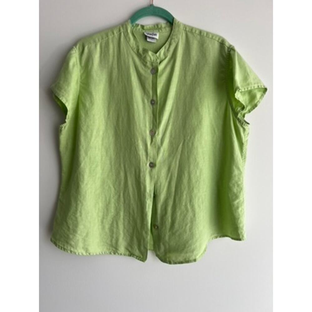 Toofan Vintage Linen Cap Sleeve Band Collar Lime Green Buttondown Shirt (size L)